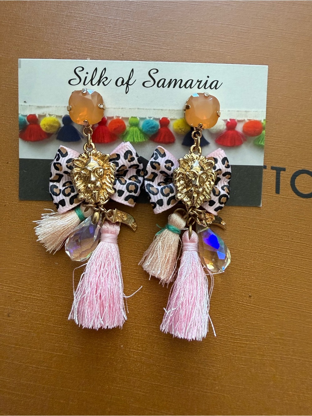 Silk of Samaria Pink Tassel Leopard Lion Statement Earrings